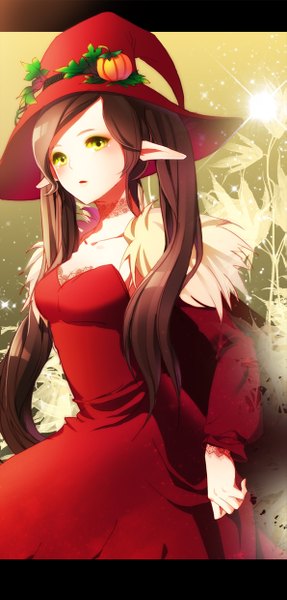 Anime picture 595x1240 with original bettols single long hair tall image looking at viewer brown hair green eyes pointy ears girl dress hat witch hat