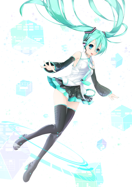 Anime picture 2894x4093 with vocaloid hatsune miku arkcide (artist) single long hair tall image blush highres open mouth smile white background twintails pleated skirt aqua eyes aqua hair spread arms girl thighhighs skirt black thighhighs