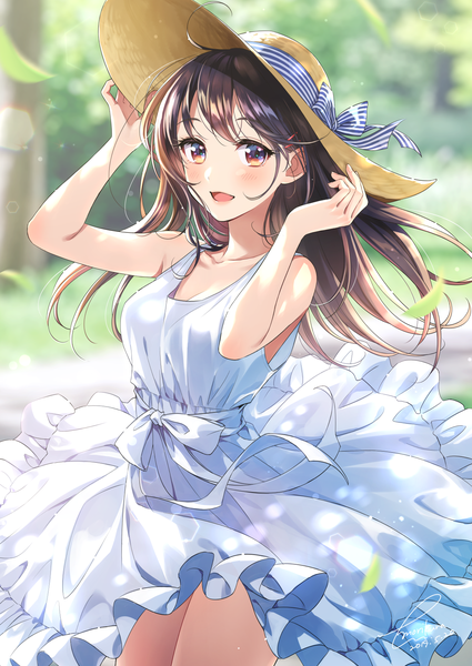 Anime picture 1220x1722 with original morikura en single long hair tall image looking at viewer blush fringe breasts open mouth smile brown hair standing bare shoulders holding brown eyes signed cleavage ahoge outdoors