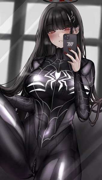 Anime picture 3000x5295 with blue archive spider-man (series) rio (blue archive) spiderman at congju single long hair tall image looking at viewer blush fringe highres breasts light erotic black hair red eyes large breasts sitting holding bent knee (knees)