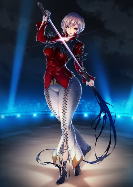 Anime picture 750x1050 with original toriseru (thesuperhero) single tall image looking at viewer fringe short hair breasts hair between eyes standing holding silver hair full body outdoors long sleeves pink eyes arm up night sparkle high heels