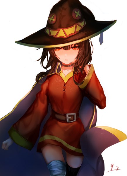 Anime picture 3150x4350 with kono subarashii sekai ni shukufuku wo! studio deen megumin kato (kato) single long hair tall image looking at viewer fringe highres simple background hair between eyes red eyes brown hair standing white background payot absurdres wide sleeves zettai ryouiki