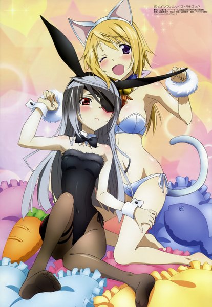 Anime picture 4090x5926 with infinite stratos megami magazine 8bit charles dunois laura bodewig long hair tall image blush highres open mouth light erotic blonde hair red eyes purple eyes multiple girls animal ears absurdres one eye closed grey hair wink