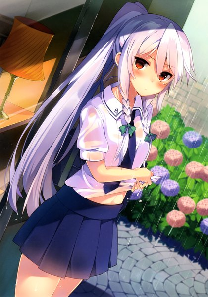 Anime picture 4275x6100 with original tierra azur (mishima kurone) mishima kurone single long hair tall image looking at viewer blush highres red eyes absurdres outdoors white hair ponytail braid (braids) pleated skirt short sleeves wet rain wet clothes