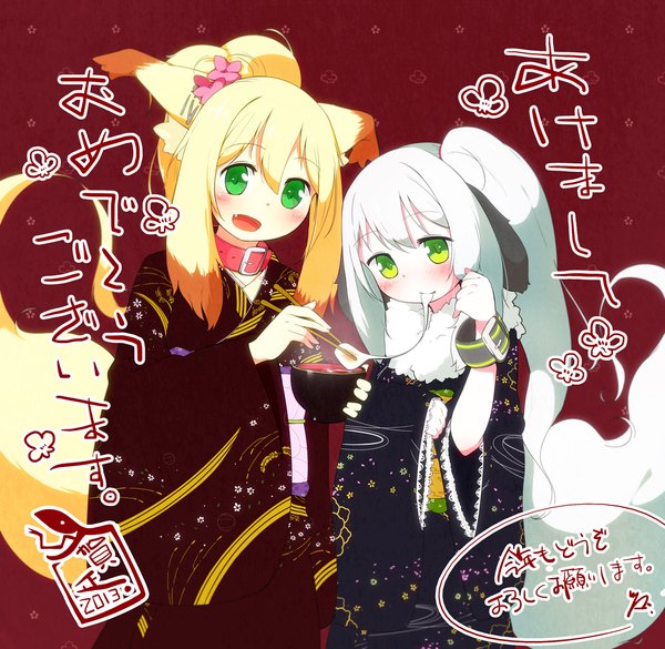 Anime picture 1280x1248 with original yagami ryouichi long hair looking at viewer blush fringe open mouth blonde hair hair between eyes multiple girls holding green eyes animal ears white hair tail traditional clothes japanese clothes animal tail fox ears text