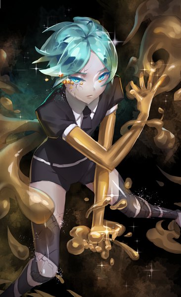 Anime picture 1294x2122 with houseki no kuni phosphophyllite shou shizuku (deme) single tall image looking at viewer short hair aqua eyes from above aqua hair sparkle puffy sleeves androgynous spoilers necktie gold