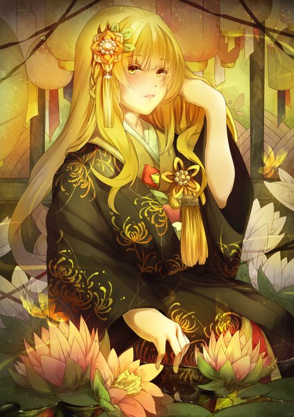Anime picture 945x1336 with touhou kirisame marisa vieny single long hair tall image looking at viewer blonde hair yellow eyes traditional clothes japanese clothes girl hair ornament flower (flowers) kimono kanzashi