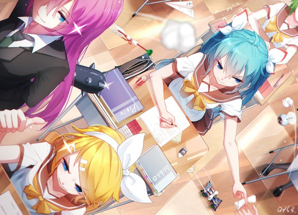 Anime picture 1600x1155 with vocaloid hatsune miku megurine luka kagamine rin gumi qys3 long hair fringe short hair blue eyes blonde hair hair between eyes sitting twintails multiple girls signed looking away pink hair ahoge indoors