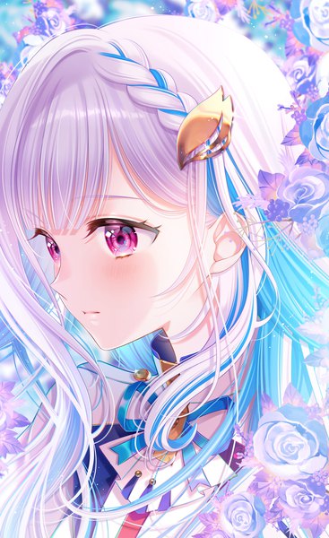 Anime picture 2036x3333 with virtual youtuber nijisanji lize helesta bubbles m single long hair tall image blush fringe highres purple eyes silver hair upper body braid (braids) multicolored hair two-tone hair side braid colored inner hair girl flower (flowers)