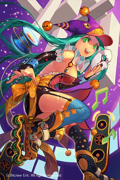 Anime picture 594x891 with devil maker lightbreeze single tall image open mouth light erotic smile green eyes very long hair green hair girl garter straps mask flat cap roller skates