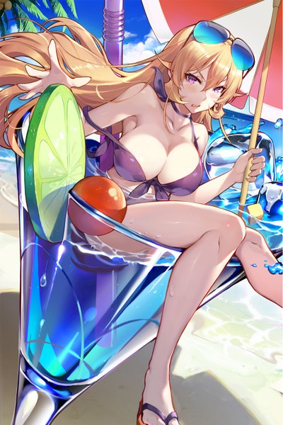 Anime picture 1000x1500 with shokugeki no soma j.c. staff nakiri erina calder single long hair tall image looking at viewer blush fringe breasts open mouth light erotic blonde hair hair between eyes large breasts purple eyes bare shoulders holding cloud (clouds)