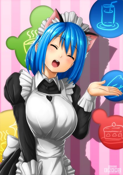 Anime picture 1000x1414 with original rina atherina erkaz single tall image blush short hair open mouth smile animal ears blue hair eyes closed cat ears maid striped striped background girl headdress maid headdress