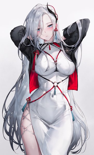 Anime picture 2720x4500 with genshin impact shenhe (genshin impact) qiandaiyiyu single long hair tall image looking at viewer blush fringe highres breasts blue eyes light erotic simple background large breasts standing white background silver hair long sleeves hair over one eye
