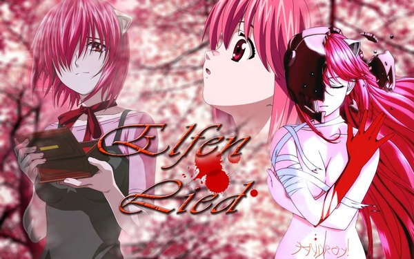 Anime-Bild 1680x1050 mit elfen lied arms corporation lucy single long hair short hair breasts open mouth light erotic wide image bare shoulders pink hair eyes closed pink eyes horn (horns) wallpaper hair over eyes music girl petals