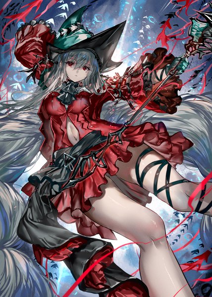 Anime-Bild 1141x1600 mit arknights skadi (arknights) skadi the corrupting heart (arknights) ranou single tall image looking at viewer fringe red eyes holding silver hair very long hair parted lips arm up wide sleeves outstretched arm official alternate costume center opening girl gloves