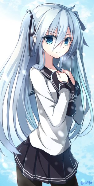 Anime picture 565x1107 with kantai collection hibiki destroyer rin yuu single long hair tall image looking at viewer blue eyes holding signed silver hair snowing alternate hairstyle exhalation hat removed girl skirt ribbon (ribbons) hair ribbon hat
