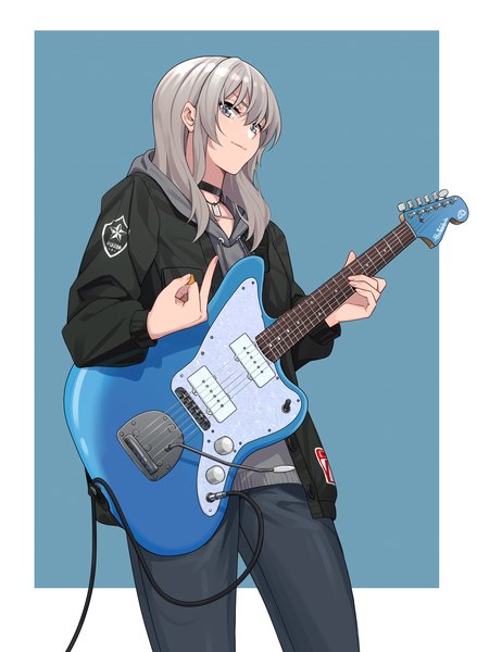 Anime picture 2480x3392 with girls band cry toei animation kawaragi momoka shijie jianfa single long hair tall image looking at viewer fringe highres simple background hair between eyes standing grey hair open jacket grey eyes border blue background outside border middle finger