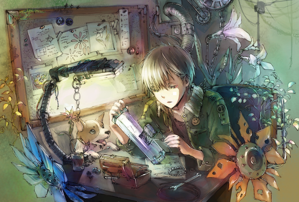 Anime picture 1256x852 with original uraki (tetsu420) short hair sitting grey hair grey eyes mechanical boy table lamp dog gears