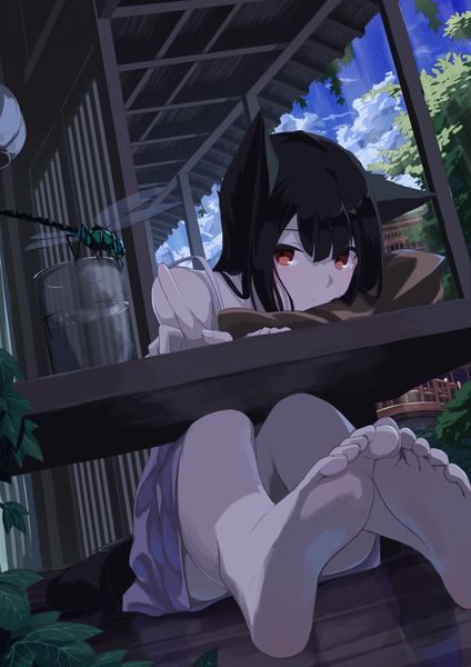 Anime picture 2171x3070 with original moe2018 mikisai single long hair tall image looking at viewer fringe highres black hair hair between eyes red eyes sitting bare shoulders animal ears sky cloud (clouds) full body outdoors tail