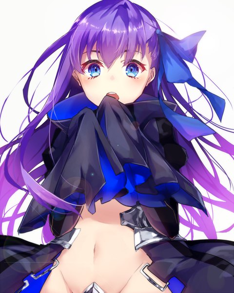 Anime picture 1000x1250 with fate (series) fate/grand order fate/extra fate/extra ccc meltryllis (fate) fujikiri yana single long hair tall image fringe open mouth blue eyes light erotic simple background hair between eyes white background purple hair upper body groin hand to mouth