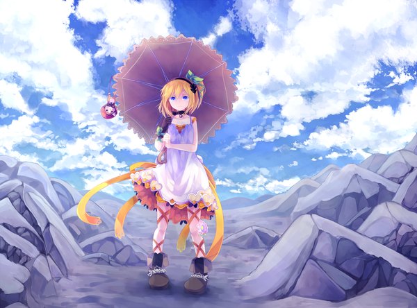 Anime picture 2000x1481 with tales of (series) tales of zestiria edna (tales) normin (tales) nyowaa417 single looking at viewer highres short hair blue eyes blonde hair sky cloud (clouds) one side up girl dress hair ornament choker boots umbrella