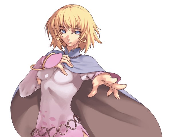 Anime picture 2000x1600 with spectral force idea factory al (spectral force) nakamura tatsunori single fringe highres short hair blue eyes blonde hair simple background white background looking away outstretched arm girl dress earrings bracelet belt cape