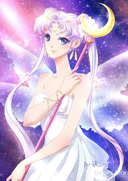 Anime picture 707x1000 with bishoujo senshi sailor moon toei animation tsukino usagi princess serenity neo queen serenity kaminary single tall image blue eyes twintails bare shoulders signed looking away purple hair very long hair light smile girl dress earrings wings