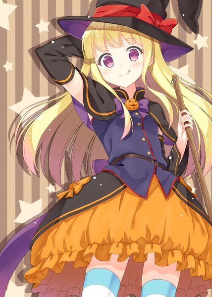 Anime picture 800x1122 with original hyuuga azuri single long hair tall image looking at viewer blush blonde hair smile red eyes halloween witch striped background girl dress hat star (symbol) witch hat