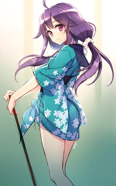 Anime picture 550x878 with kantai collection taigei light aircraft carrier an2a single long hair tall image looking at viewer simple background smile standing twintails purple hair ahoge bent knee (knees) traditional clothes head tilt japanese clothes pink eyes looking back bare legs