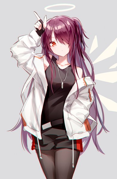 Anime picture 1000x1533 with arknights exusiai (arknights) quan (kurisu tina) single long hair tall image looking at viewer fringe simple background hair between eyes red eyes standing bare shoulders payot purple hair head tilt arm up hair over one eye off shoulder grey background