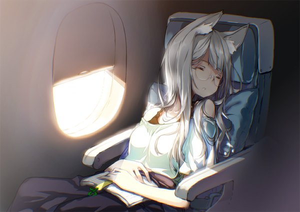 Anime picture 1000x708 with original hong (white spider) single long hair sitting animal ears silver hair eyes closed shadow sleeping airplane interior girl skirt glasses window pillow book (books) blouse armchair