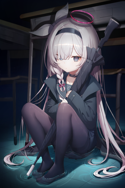 Anime picture 3000x4500 with blue archive plana (blue archive) a.r.o.n.a (blue archive) misyune single tall image fringe highres sitting silver hair braid (braids) very long hair hair over one eye grey eyes no shoes partially submerged side braid closed umbrella girl uniform