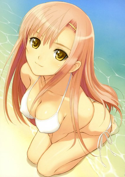 Anime picture 1382x1960 with tony taka single long hair tall image light erotic yellow eyes pink hair light smile beach girl swimsuit bikini water sea