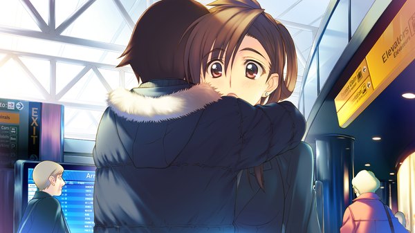 Anime picture 1280x720 with white album 2 ogiso setsuna blush open mouth black hair red eyes wide image game cg couple girl boy jacket