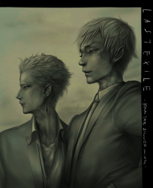 Anime picture 1056x1300 with last exile last exile: gin'yoku no fam gonzo alauda luscinia hafez takaido tall image short hair blonde hair profile pointy ears inscription monochrome formal boy earrings shirt
