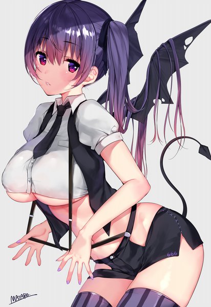 Anime picture 700x1018 with original matarou (genkai toppa) single long hair tall image looking at viewer blush fringe breasts light erotic simple background hair between eyes red eyes large breasts standing signed purple hair tail parted lips underboob