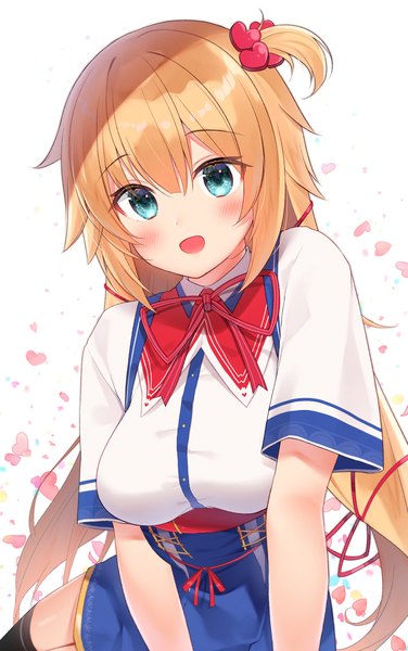 Anime picture 1200x1916 with virtual youtuber hololive akai haato akai haato (1st costume) gyozanuko single long hair tall image blush fringe open mouth blonde hair hair between eyes white background sitting looking away :d aqua eyes one side up girl