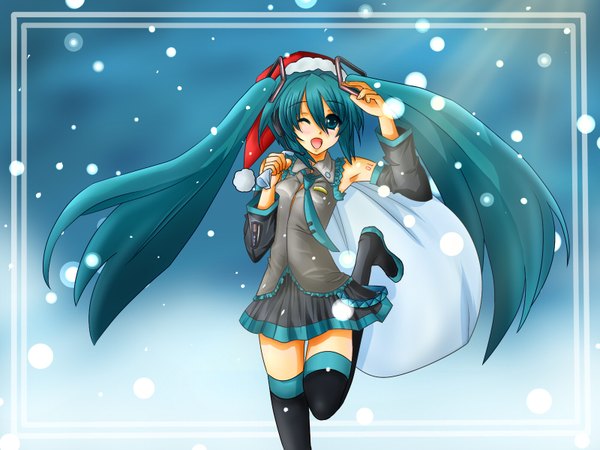 Anime picture 1600x1200 with vocaloid hatsune miku snowing christmas winter girl thighhighs