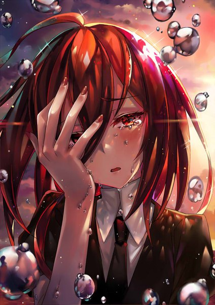 Anime picture 724x1024 with houseki no kuni cinnabar (houseki no kuni) moze single tall image blush short hair red eyes upper body ahoge red hair nail polish sparkle tears evening sunset hand on face red nail polish androgynous covering eye (eyes)