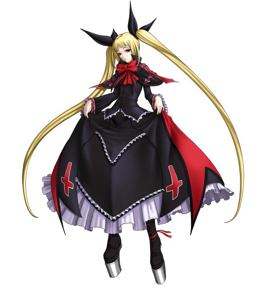 Anime picture 1080x1200 with blazblue rachel alucard evilflesh (artist) single tall image looking at viewer blonde hair simple background red eyes white background twintails very long hair girl dress shoes