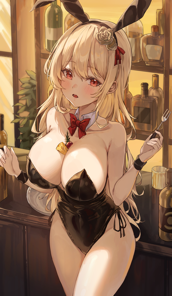 Anime picture 3548x6093 with original cream (cream) 2gong (9ujin ) single long hair tall image looking at viewer blush fringe highres breasts open mouth light erotic blonde hair hair between eyes red eyes large breasts standing holding animal ears