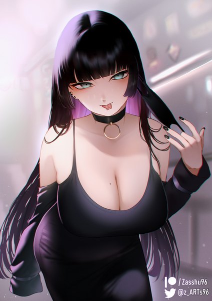 Anime picture 1414x2000 with bocchi the rock! cloverworks pa-san zasshu single long hair tall image looking at viewer fringe breasts light erotic black hair large breasts signed cleavage purple hair blunt bangs nail polish multicolored hair aqua eyes