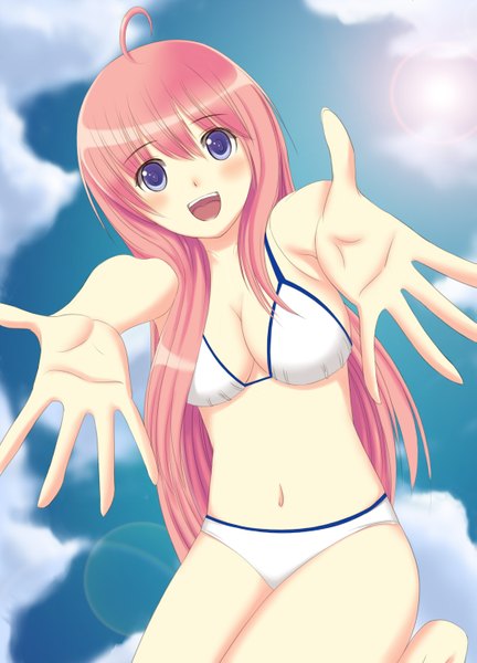 Anime picture 2125x2952 with original xiao lian single long hair tall image blush highres breasts open mouth blue eyes light erotic signed pink hair :d girl navel swimsuit bikini white bikini