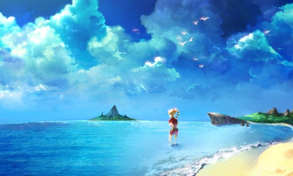 Anime picture 1750x1050 with chrono cross sunakumo single long hair highres blonde hair wide image sky cloud (clouds) beach landscape animal water sea bird (birds) child (children)