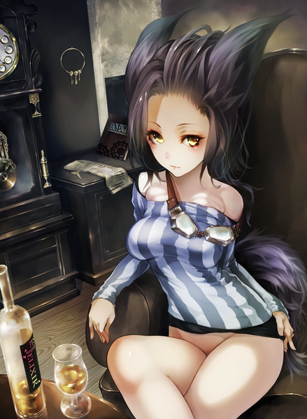 Anime picture 1097x1500 with original akaikitsune single tall image breasts light erotic sitting bare shoulders animal ears yellow eyes tail animal tail fox ears crossed legs fox tail eyeshadow bottomless girl book (books) table
