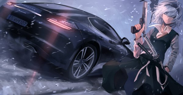 Anime picture 2315x1204 with touhou porsche konpaku youmu koh (minagi kou) single looking at viewer highres short hair blue eyes wide image holding white hair wind snowing winter snow sheathed skirt ribbon (ribbons) weapon