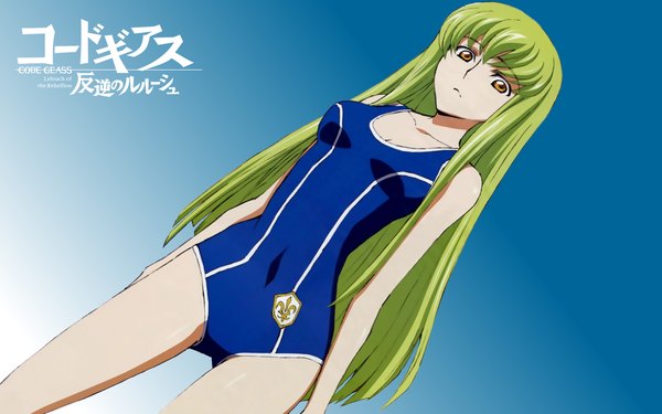 Anime picture 1920x1200 with code geass sunrise (studio) c.c. single long hair fringe highres breasts wide image standing bare shoulders yellow eyes payot green hair girl swimsuit one-piece swimsuit school swimsuit