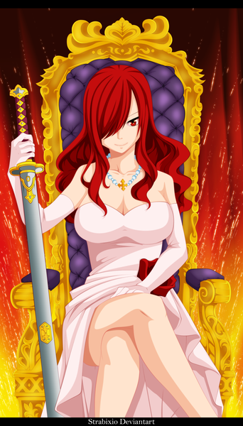 Anime picture 2057x3603 with fairy tail erza scarlet strabixio single long hair tall image fringe highres smile red eyes red hair hair over one eye crossed legs coloring girl dress weapon sword white dress necklace