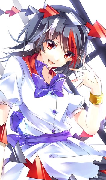 Anime picture 1181x2000 with touhou kijin seija esdy single tall image looking at viewer fringe short hair open mouth black hair red eyes :d multicolored hair horn (horns) streaked hair girl shirt bracelet white shirt bowtie