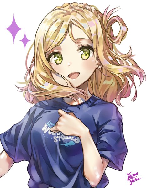 Anime picture 1252x1602 with love live! sunshine!! sunrise (studio) love live! ohara mari takenoko no you single long hair tall image looking at viewer blush open mouth simple background blonde hair white background signed yellow eyes upper body braid (braids) :d hair rings